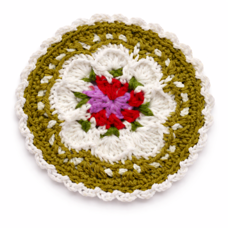 Olive Green Floral Crochet Cotton Yarn Doily